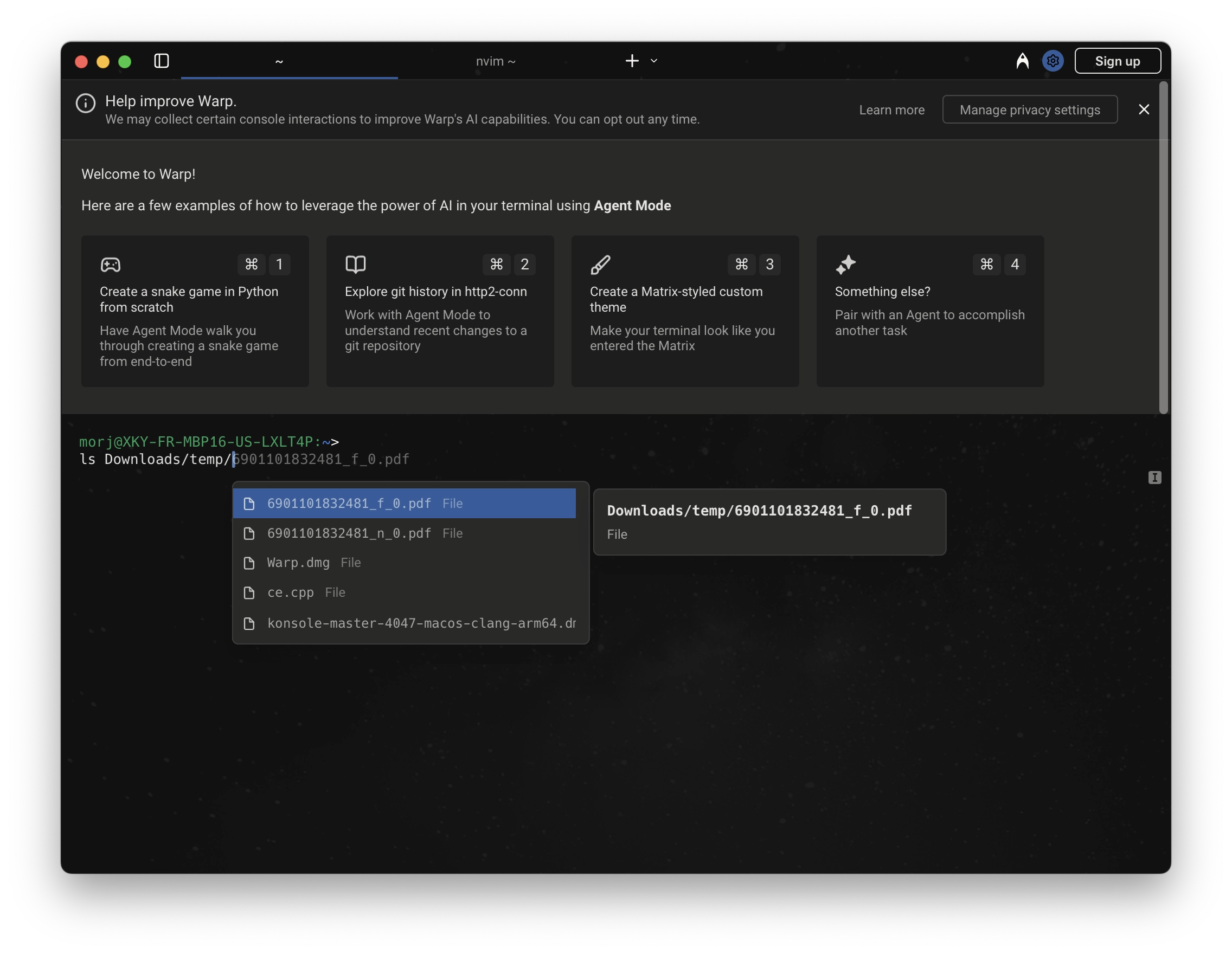 screenshot of warp
